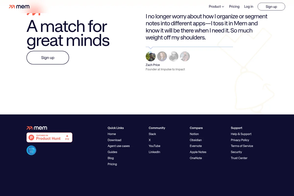 Mem homepage featuring a headline 'A match for great minds' and a user testimonial about organizing notes, with a clean and modern interface.