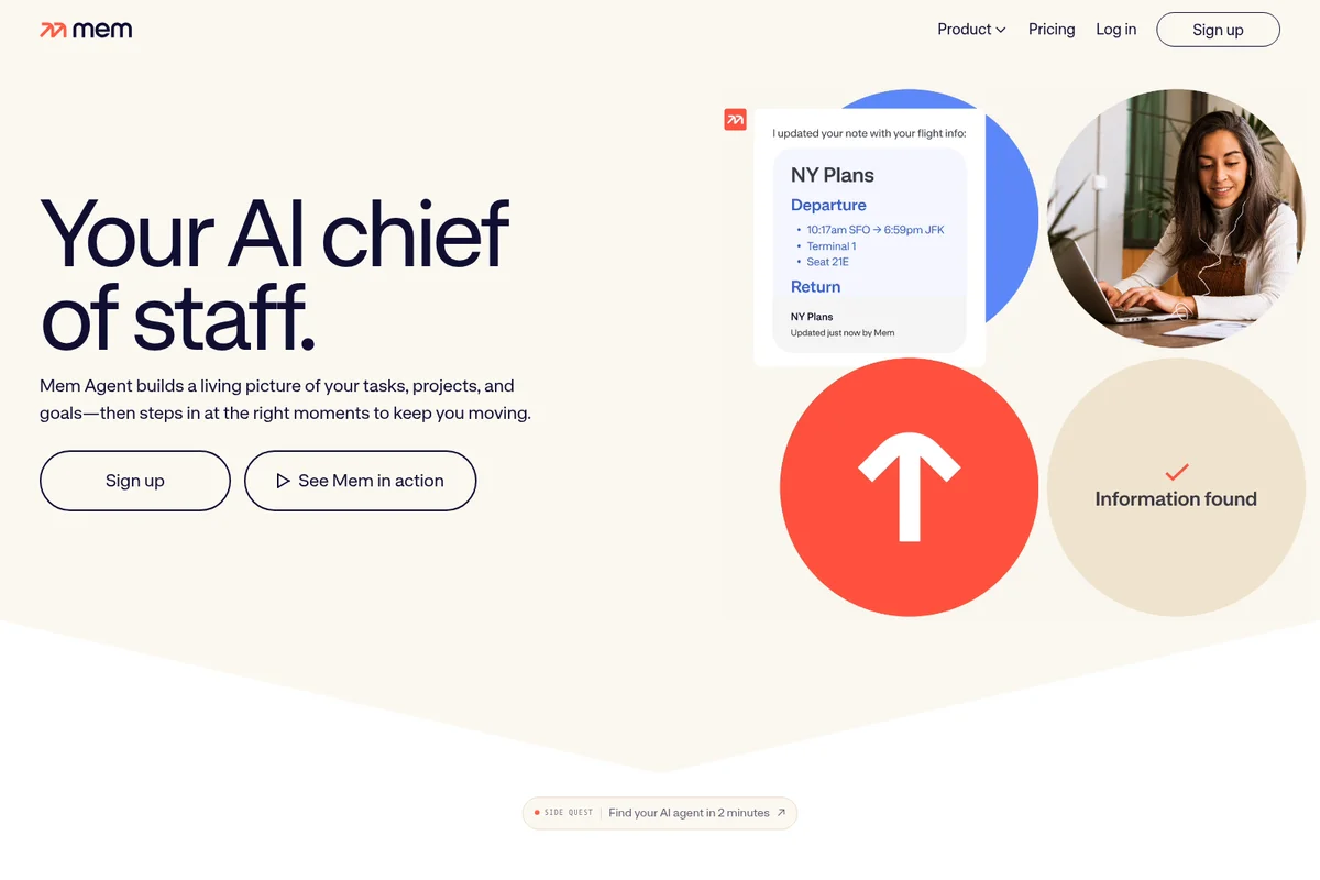 Mem homepage hero section showcasing its AI chief of staff features with dynamic UI elements and a modern, clean interface.
