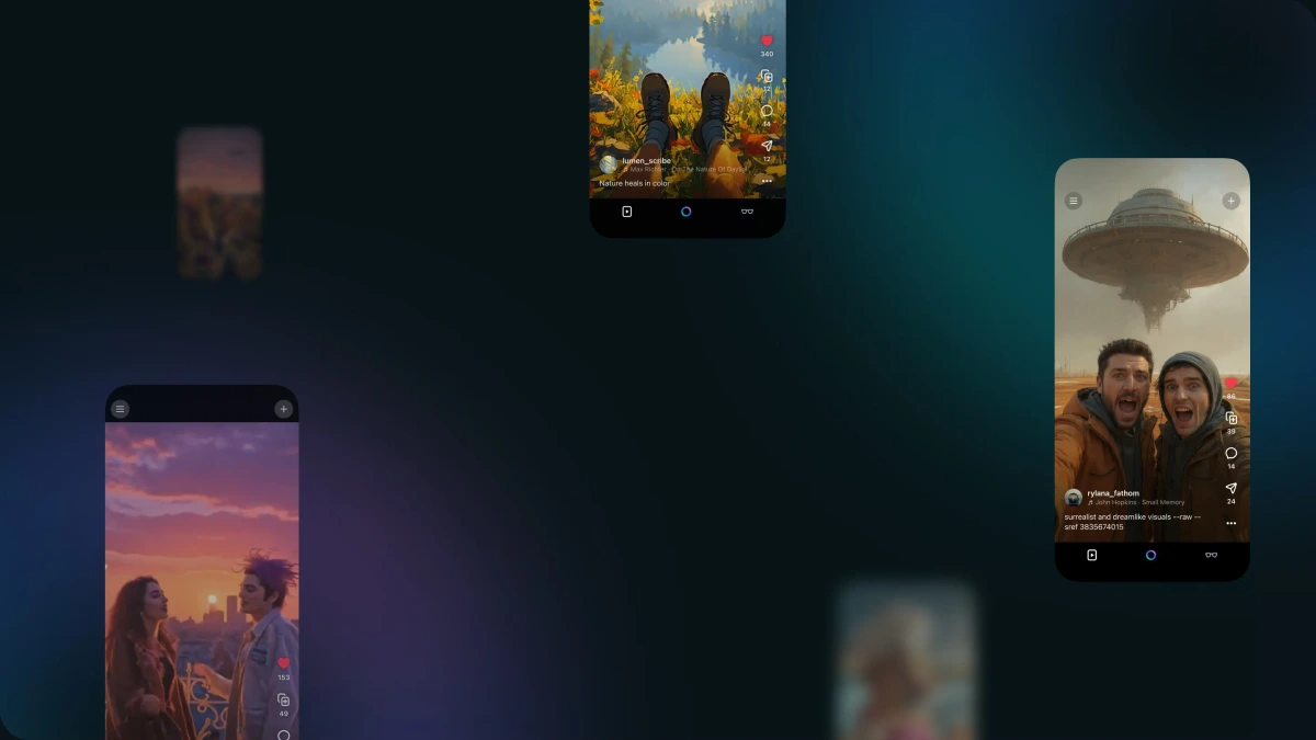Meta AI gallery showing diverse AI-generated images in a social media app interface with a dark theme.