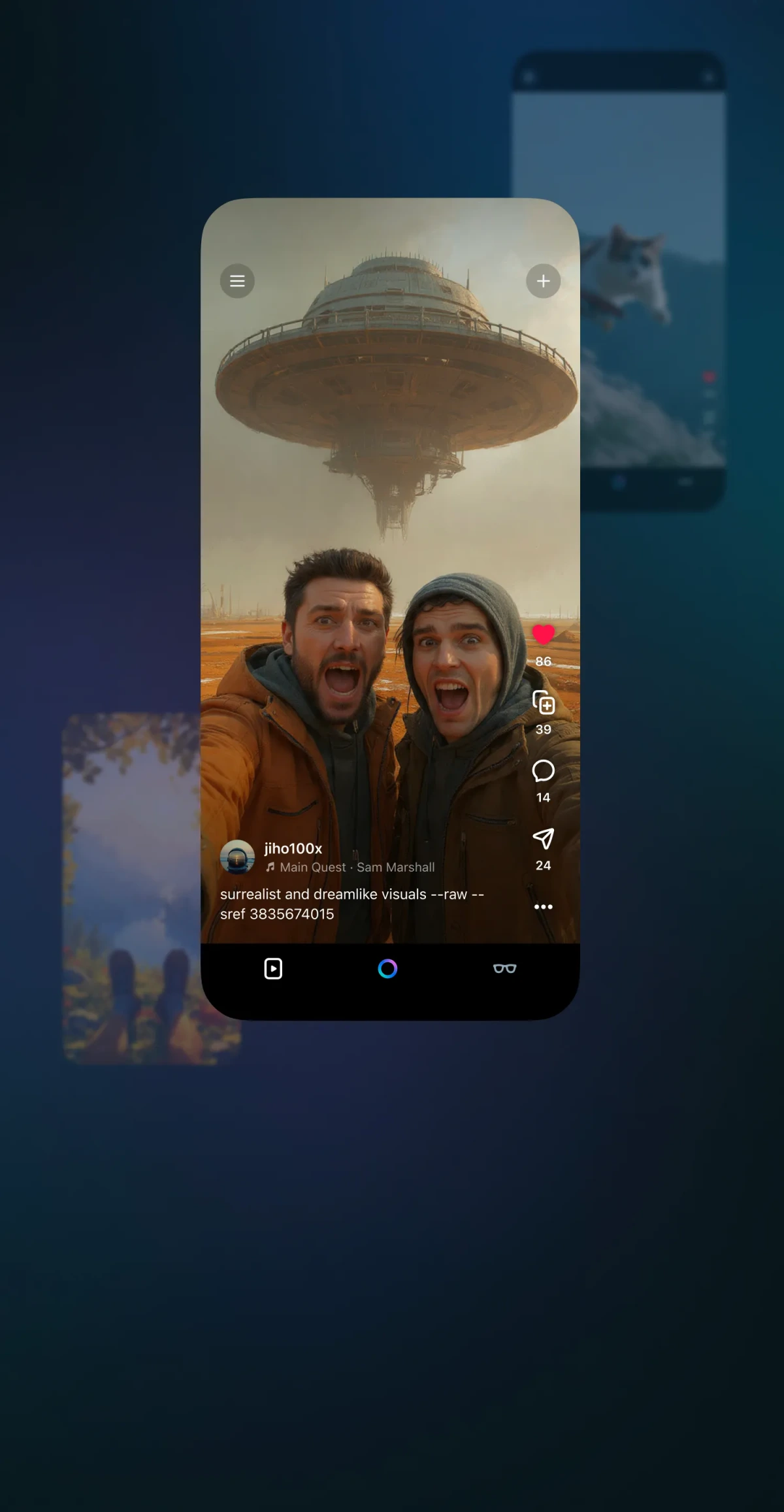Meta AI social feed displaying an AI-generated surrealist image of two expressive men and a floating architectural structure, within a dark-mode mobile application.