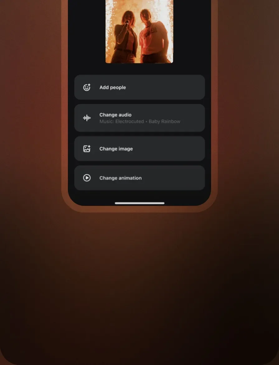 Meta AI content editing interface showing options to customize audio, image, and animation for a post with a dark-mode UI.