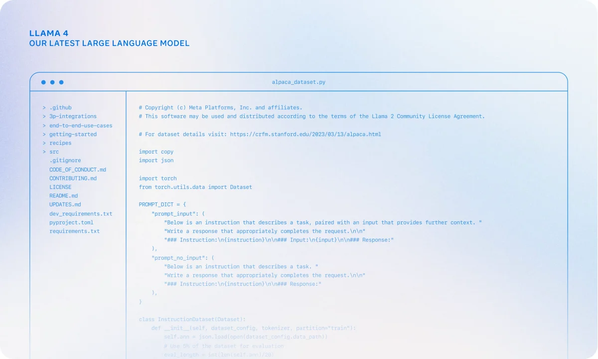 Llama 4 code editor displaying Python code for `alpaca_dataset.py` with a clean, syntax-highlighted interface.