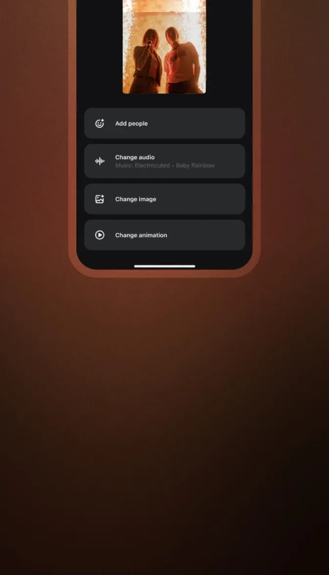 Meta AI media editing interface showing options to change audio, image, and animation for a photo of two people, in a dark theme.