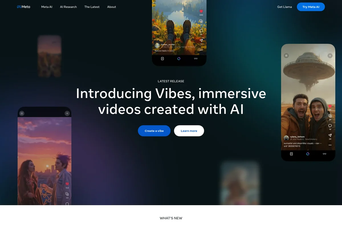 Meta AI feature landing page introducing 'Vibes,' showcasing diverse AI-generated immersive videos within mobile app mockups.