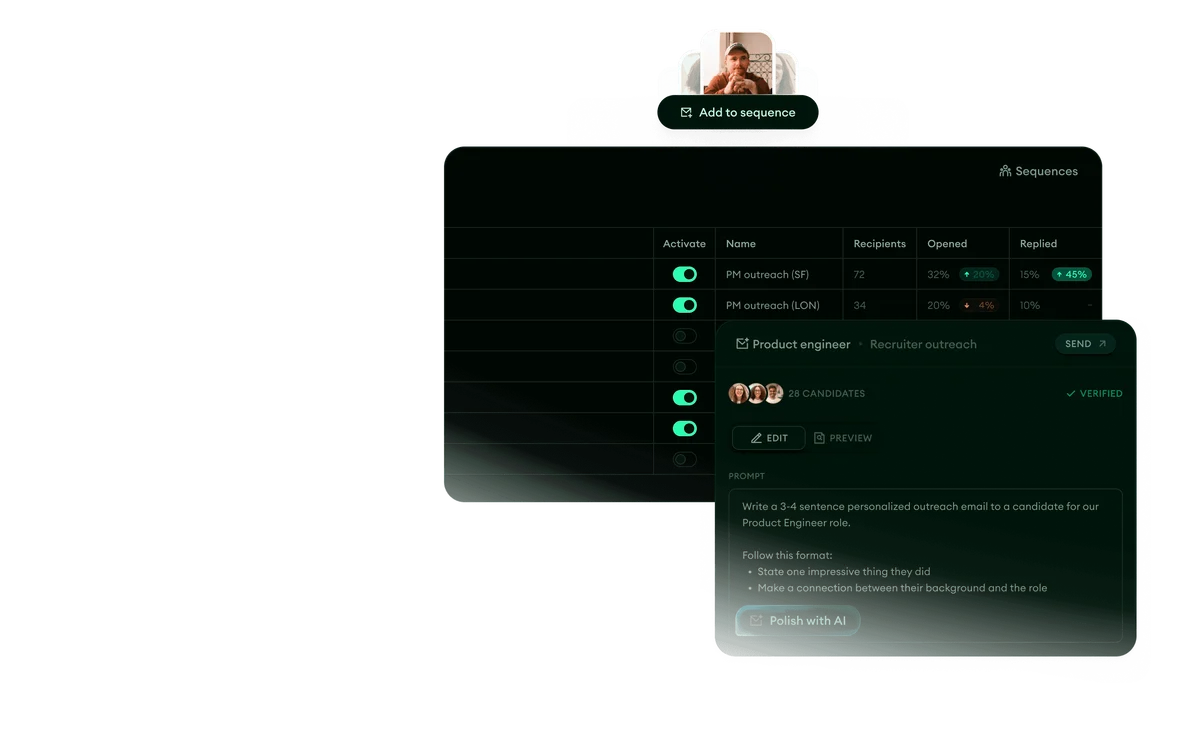 Metaview workspace showing AI-powered recruitment outreach sequence management and personalized email generation with a dark-mode interface.