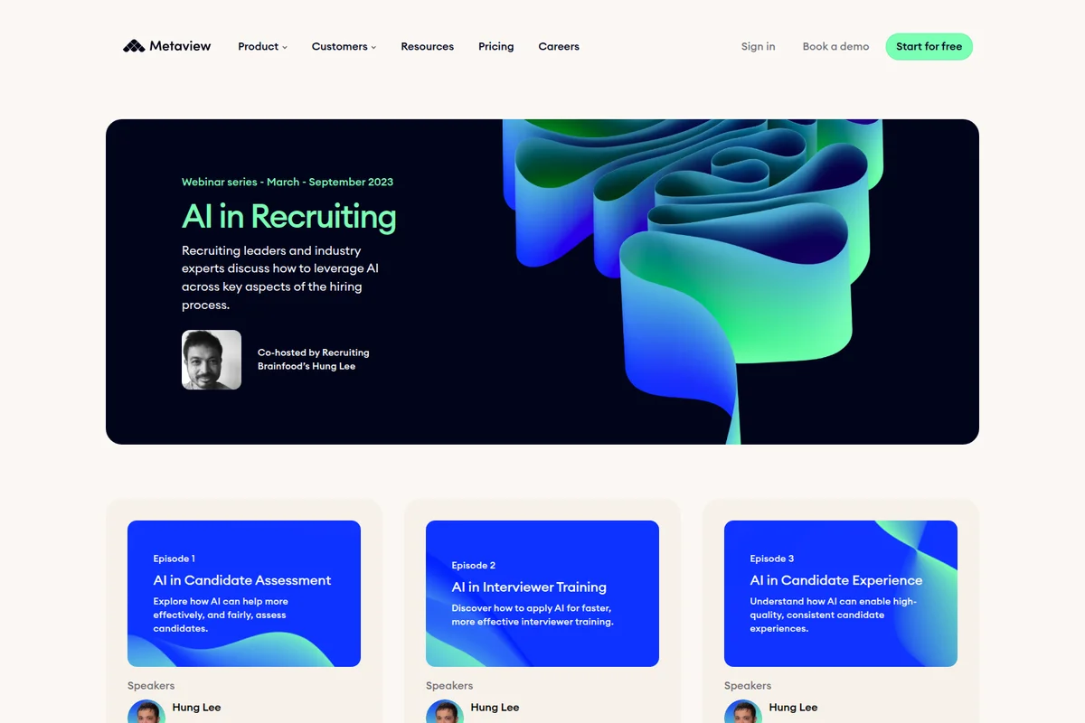 Metaview webinar page announcing the 'AI in Recruiting' series with a dark-themed header featuring abstract gradient waves and speaker details.