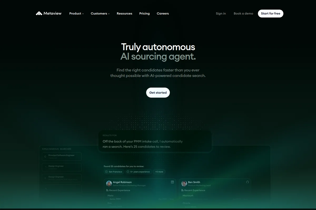 Metaview landing page hero showing an AI sourcing agent actively finding candidates with a dark-mode modern interface.