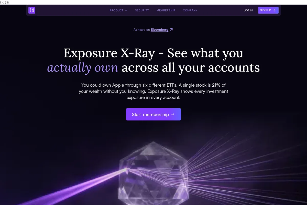 Mezzi Exposure X-Ray page with a conceptual crystal graphic and purple light rays, explaining hidden investment exposure.