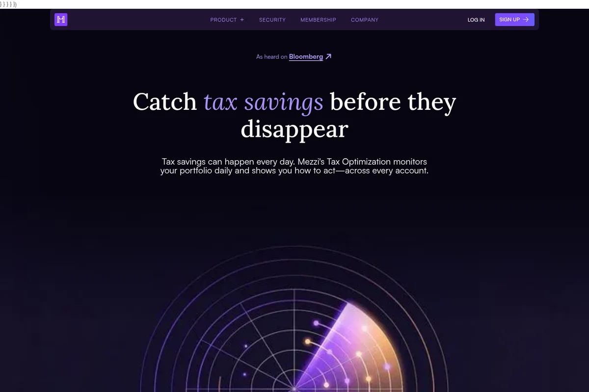 Mezzi tax optimization landing page showing a headline about catching tax savings with a glowing radar graphic.