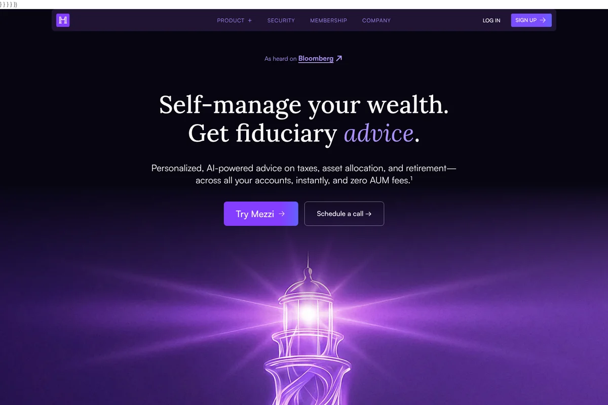 Mezzi homepage hero promoting AI-powered fiduciary wealth management, with a striking lighthouse graphic and dark purple UI.