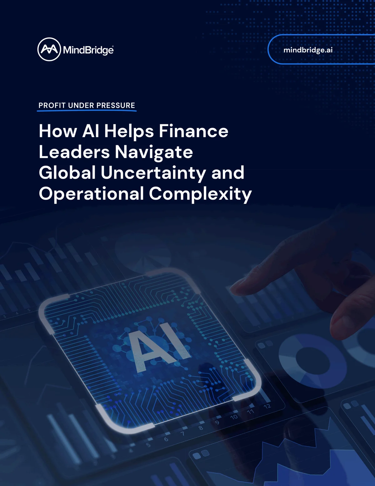 MindBridge hero image for finance leaders, showing a glowing 'AI' chip graphic on a data dashboard, interacted with by a finger.