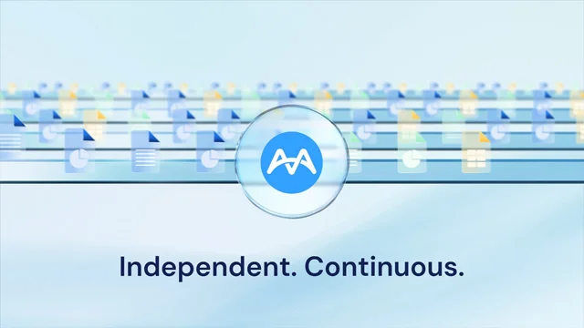Mindbridge conceptual graphic illustrating continuous financial document analysis with the 'AA' logo, set against a modern light blue backdrop.