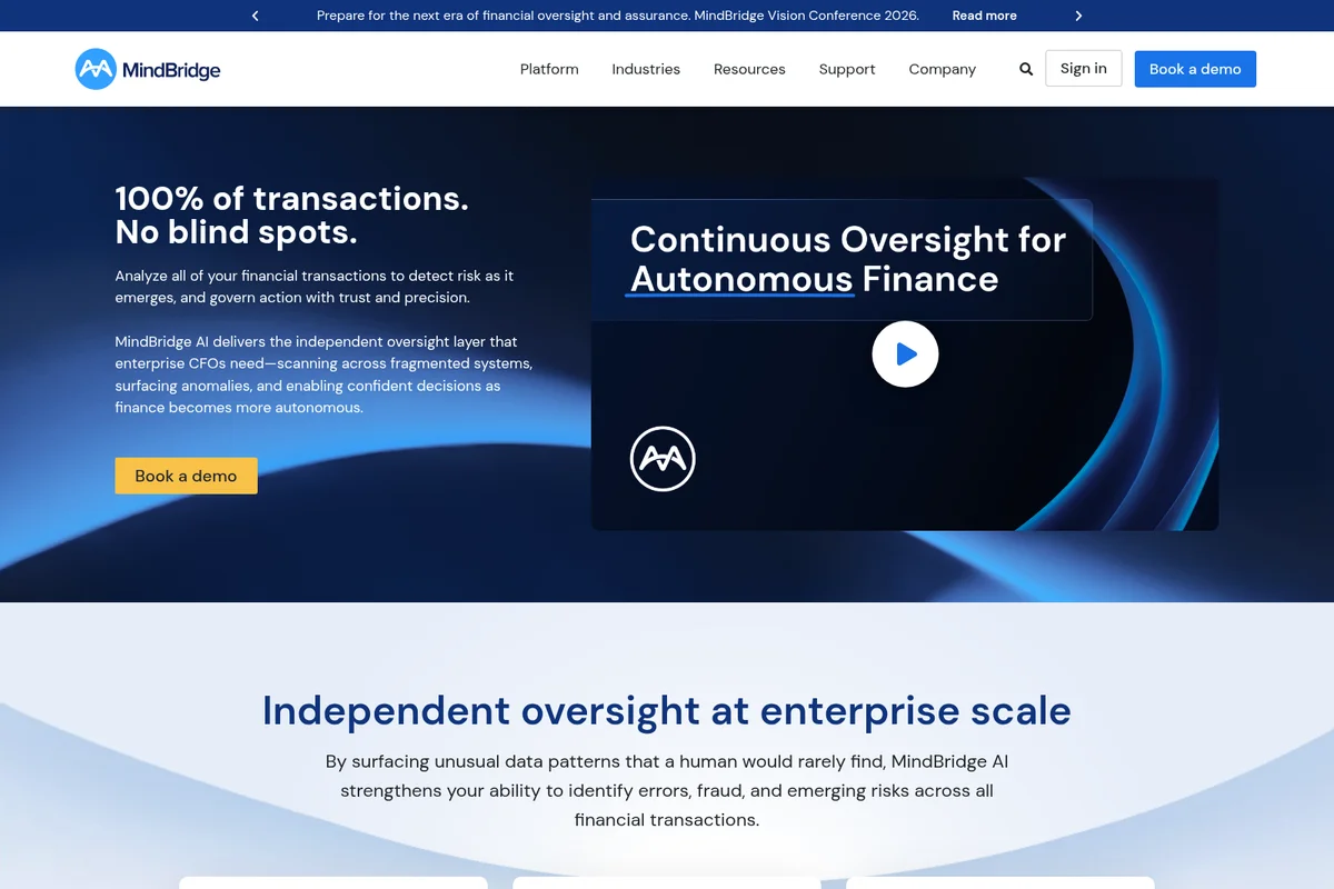 MindBridge platform hero section showcasing '100% of transactions. No blind spots.' with a video on continuous oversight for autonomous finance, in a sleek dark interface.