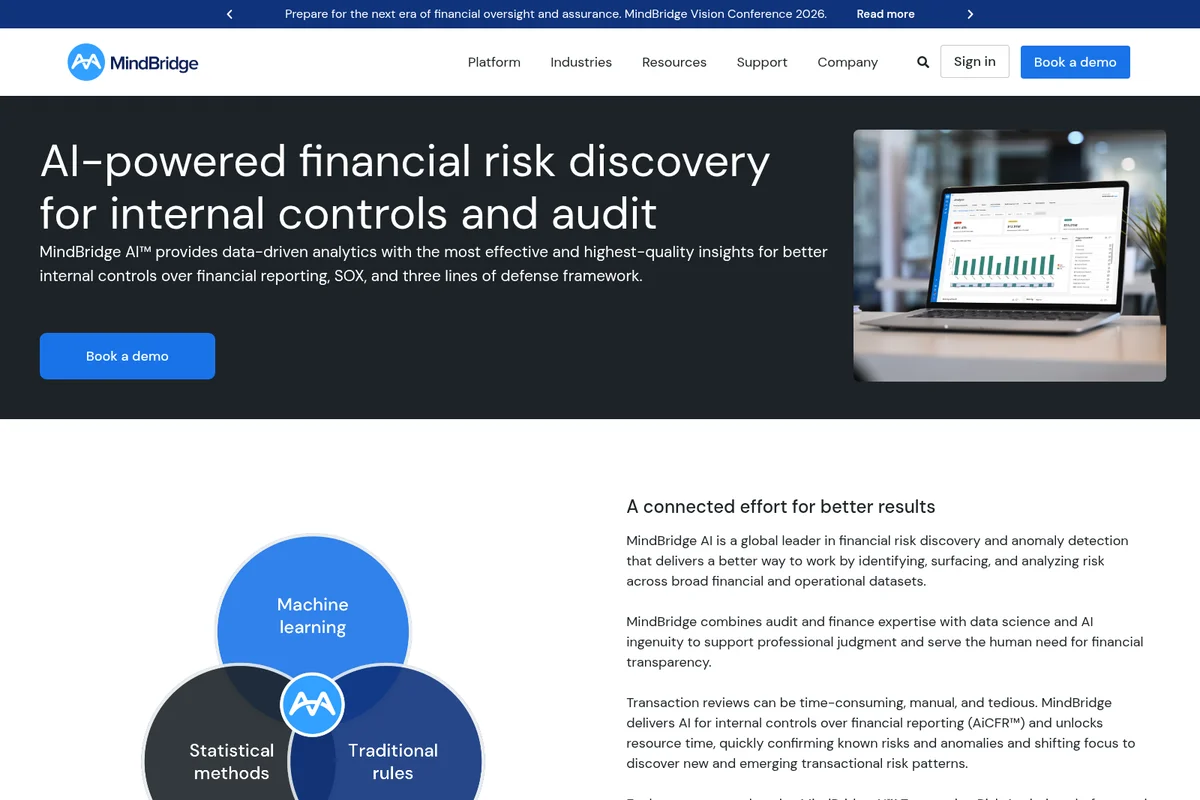 MindBridge AI homepage hero section showcasing financial risk discovery with a laptop displaying an analytics dashboard.