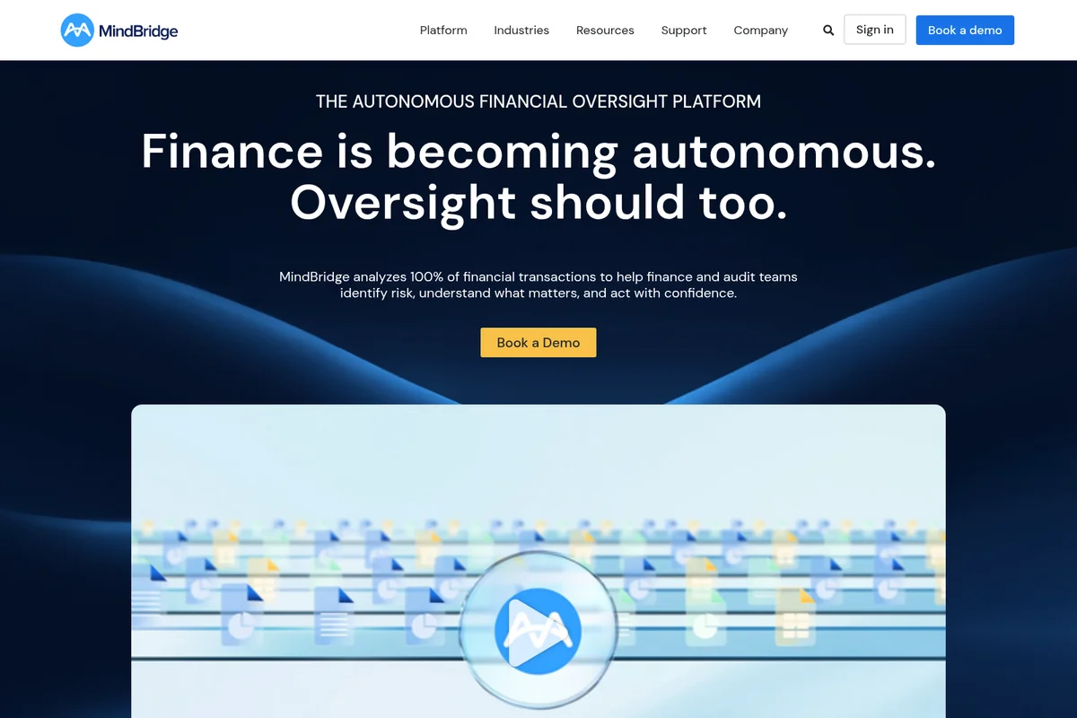MindBridge homepage hero promoting autonomous financial oversight with a dark, tech-inspired background and subtle product UI hint.