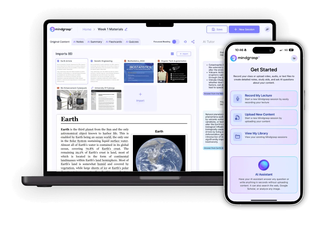 Mindgrasp workspace showing imported learning materials and AI study tools on a laptop, alongside the mobile app's 'Get Started' screen with AI assistant.