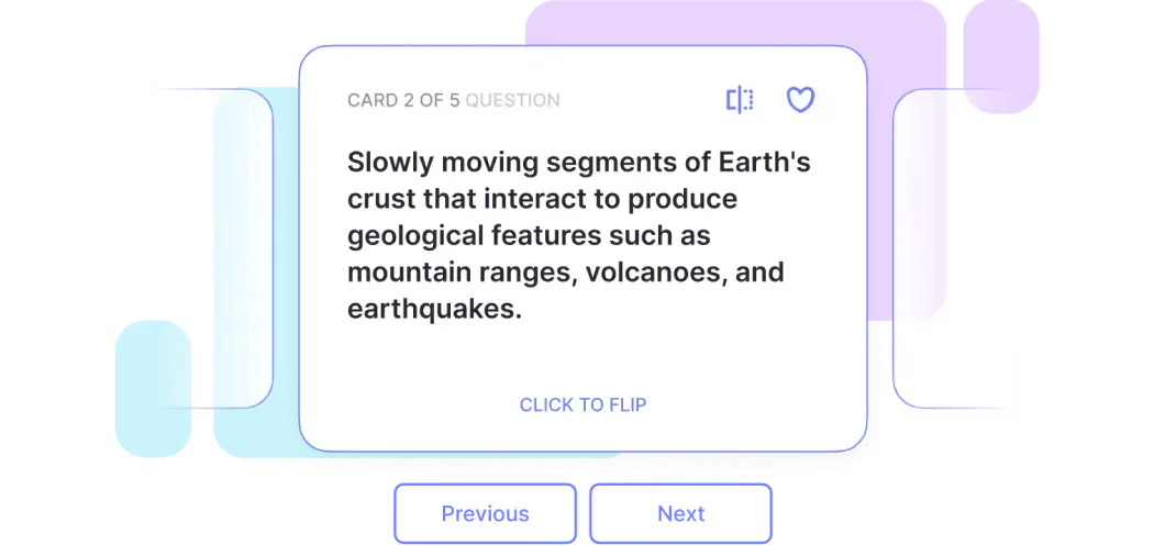 Mindgrasp learning interface showing a geology flashcard question with navigation controls and a modern, clean design.