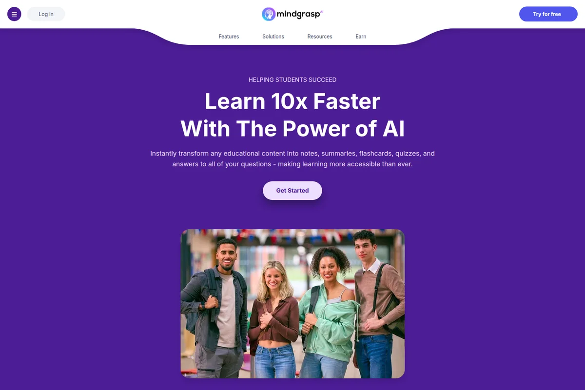 Mindgrasp homepage hero section featuring its value proposition for students to learn faster with AI, set against a vibrant purple background with a photo of smiling students.