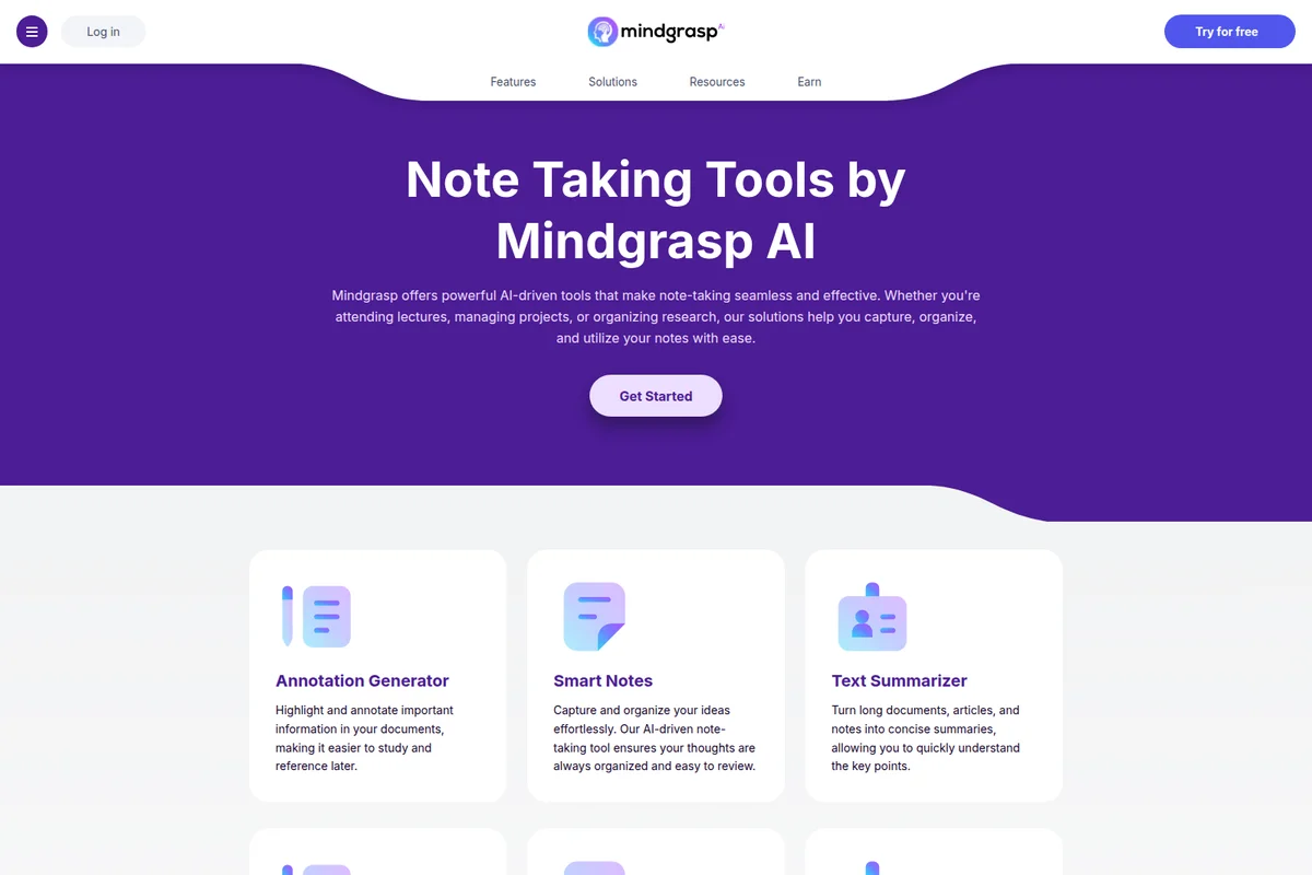 Mindgrasp landing page showcasing AI note-taking tools with a clean purple and white interface.