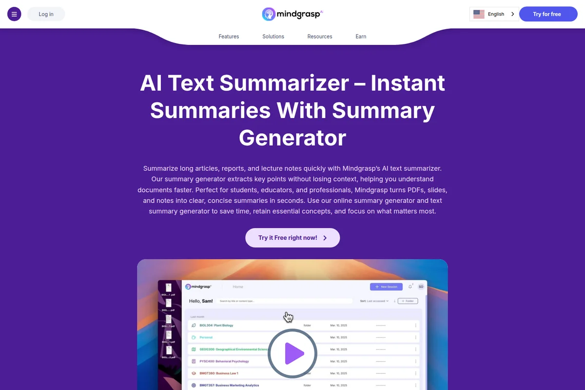 Mindgrasp AI Text Summarizer landing page hero showing product benefits and a desktop UI with file lists and a play button.