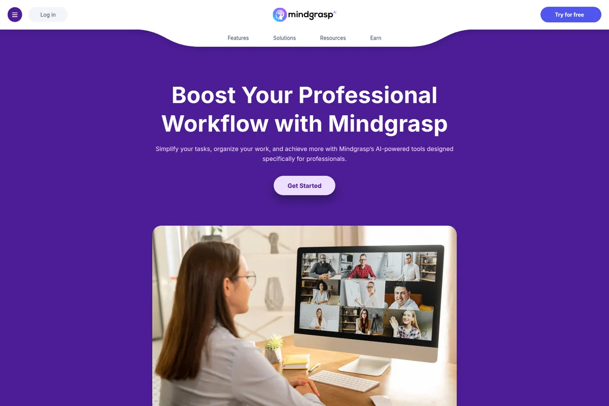 Mindgrasp landing page hero section featuring a professional participating in a video conference call, set against a bold purple brand background.