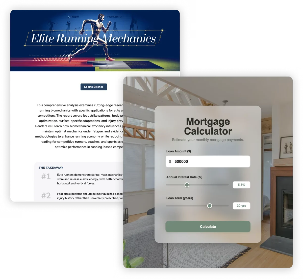 Mindstudio output samples showing two applications: an 'Elite Running Mechanics' article and an interactive 'Mortgage Calculator' application.