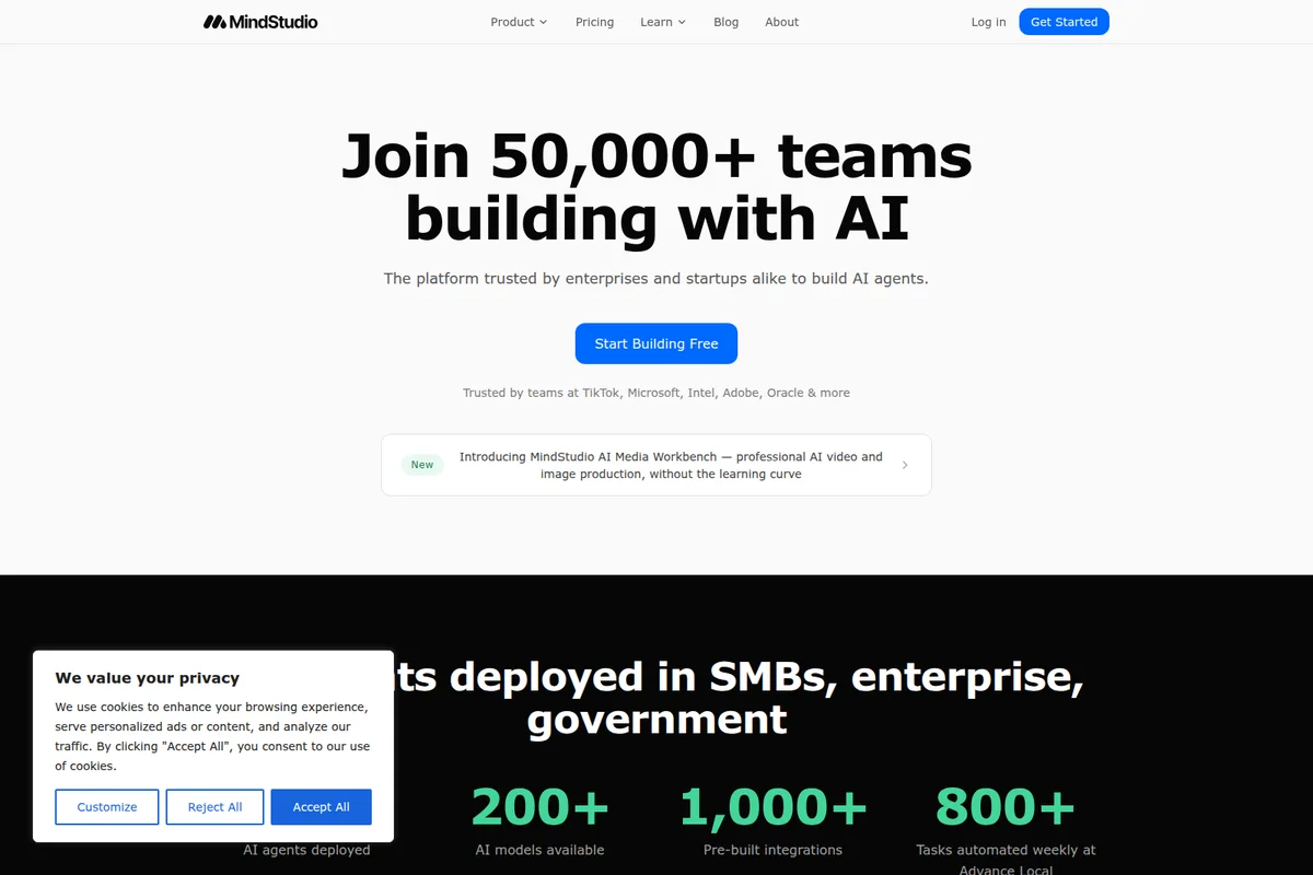 MindStudio homepage hero showcasing AI agent building platform, trusted by enterprises, with key statistics and new feature announcement.