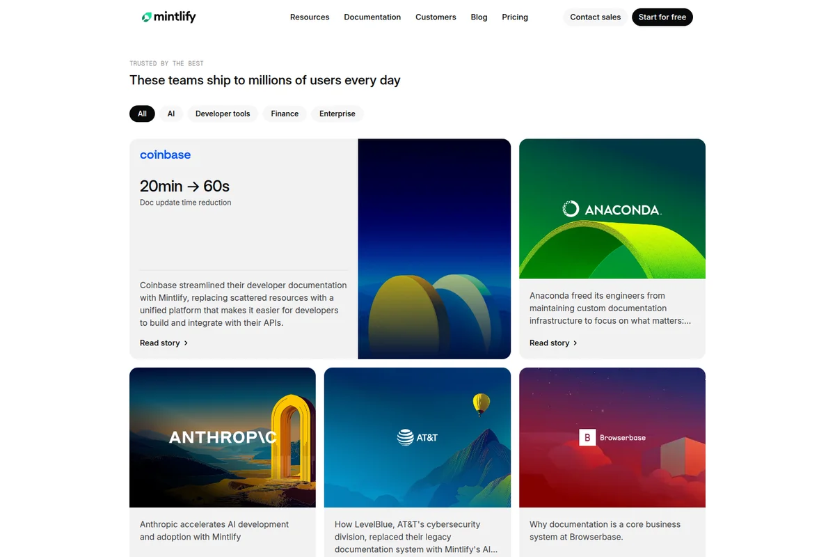 Mintlify customers page showing a grid of case study cards with company logos, impact summaries, and filter options on a clean white interface.