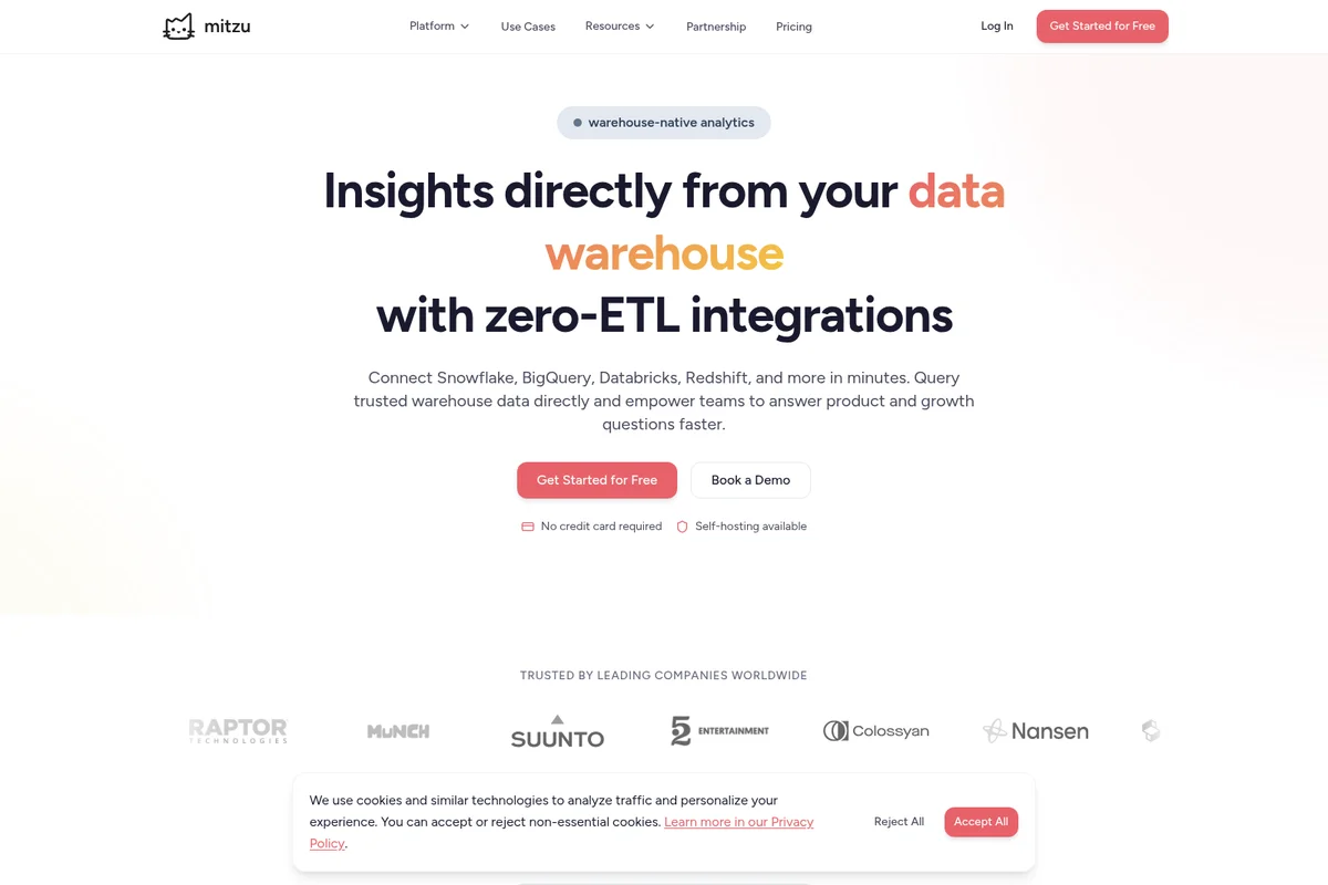 Mitzu landing page showcasing warehouse-native analytics with zero-ETL integrations and a modern, clean interface.