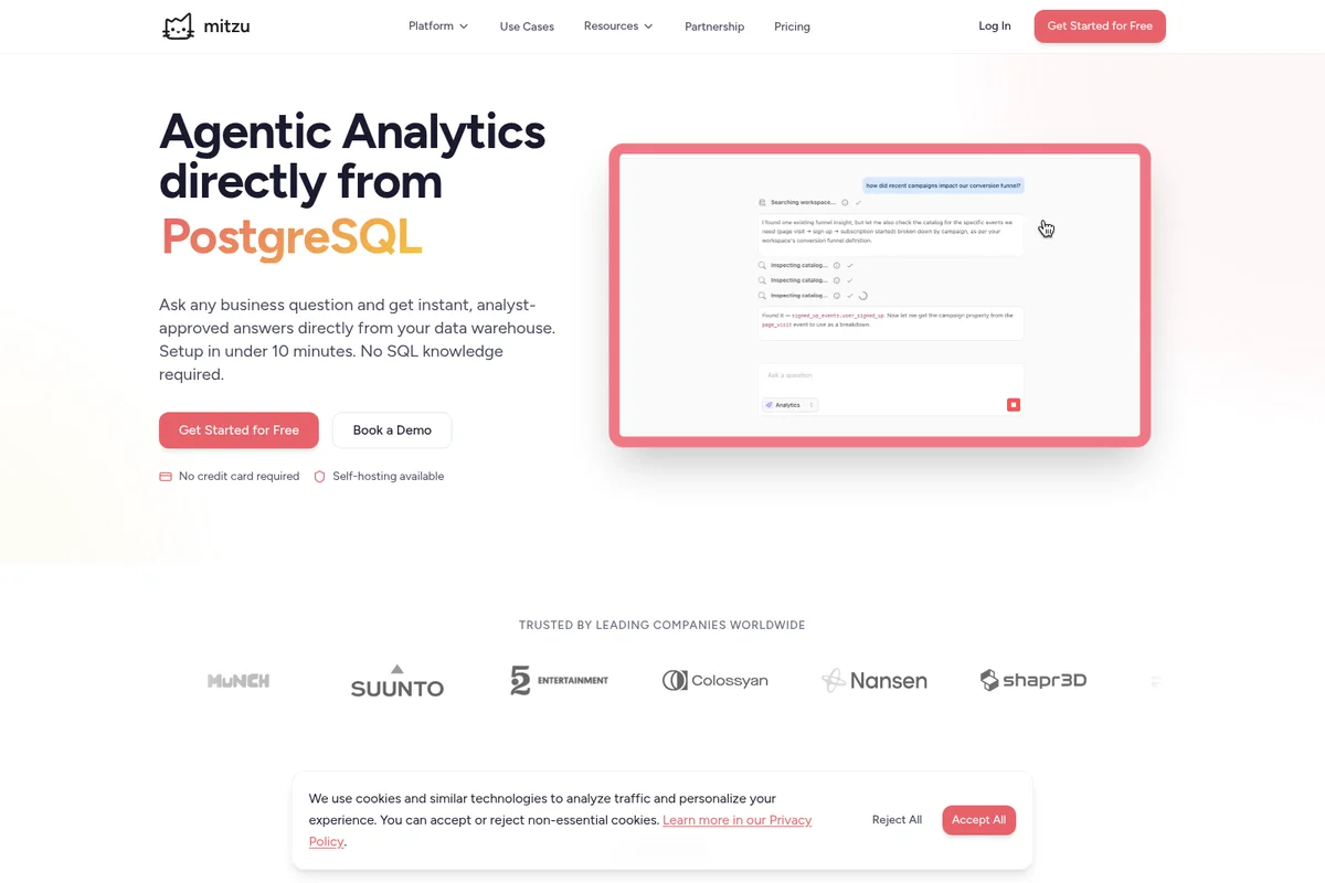 Mitzu agentic analytics workspace showing a natural language query for conversion funnel impact with a clean, modern interface.