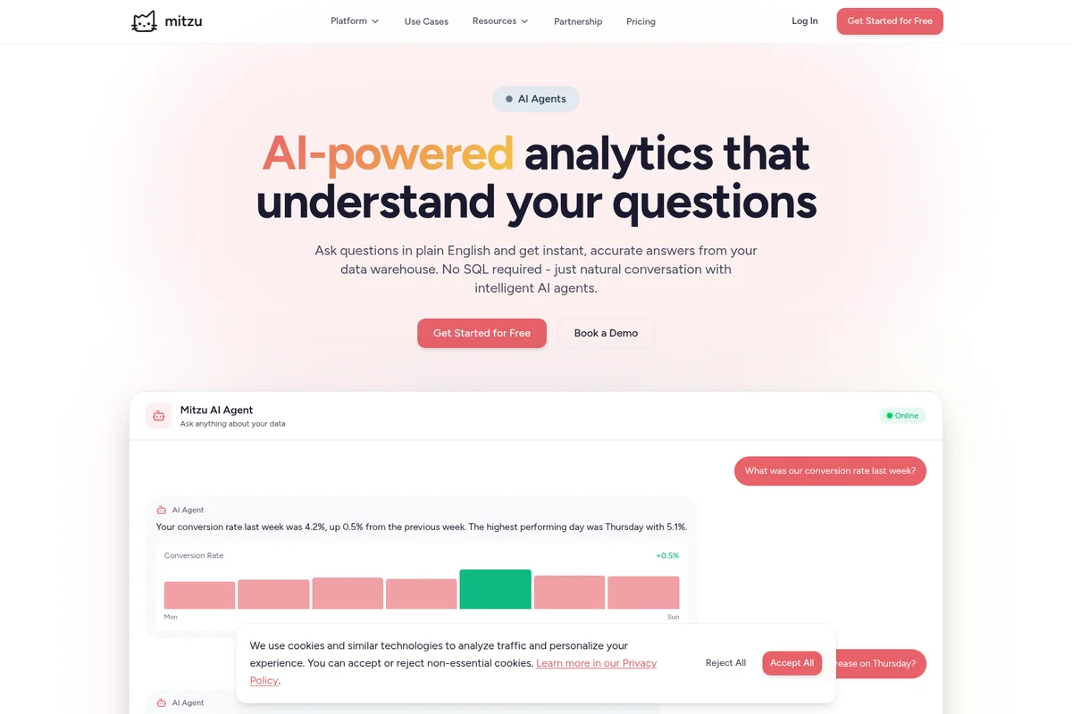 Mitzu AI agent workspace showing natural language query and data visualization with a clean white interface.