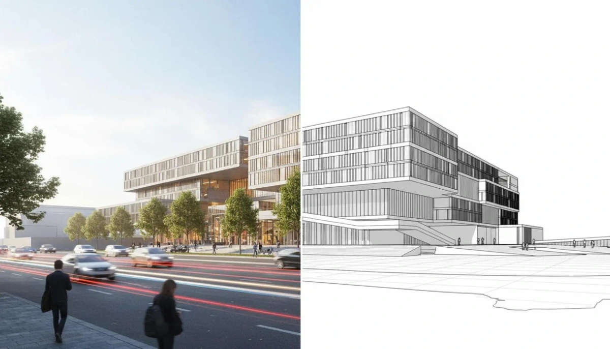 mnml-ai output sample showing a modern building in a photorealistic rendering and a minimalist architectural sketch.