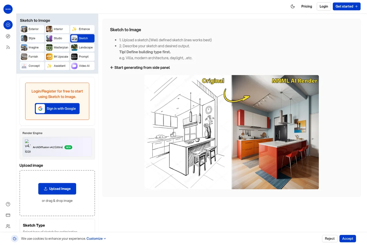 mnml-ai Sketch to Image feature showing a user sketch transformed into a photorealistic interior render on a clean web interface.
