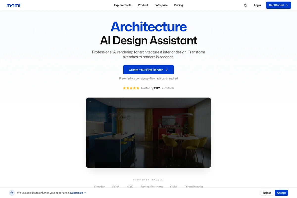mnml-ai homepage showcasing an AI-generated interior design render with a clean, modern interface.