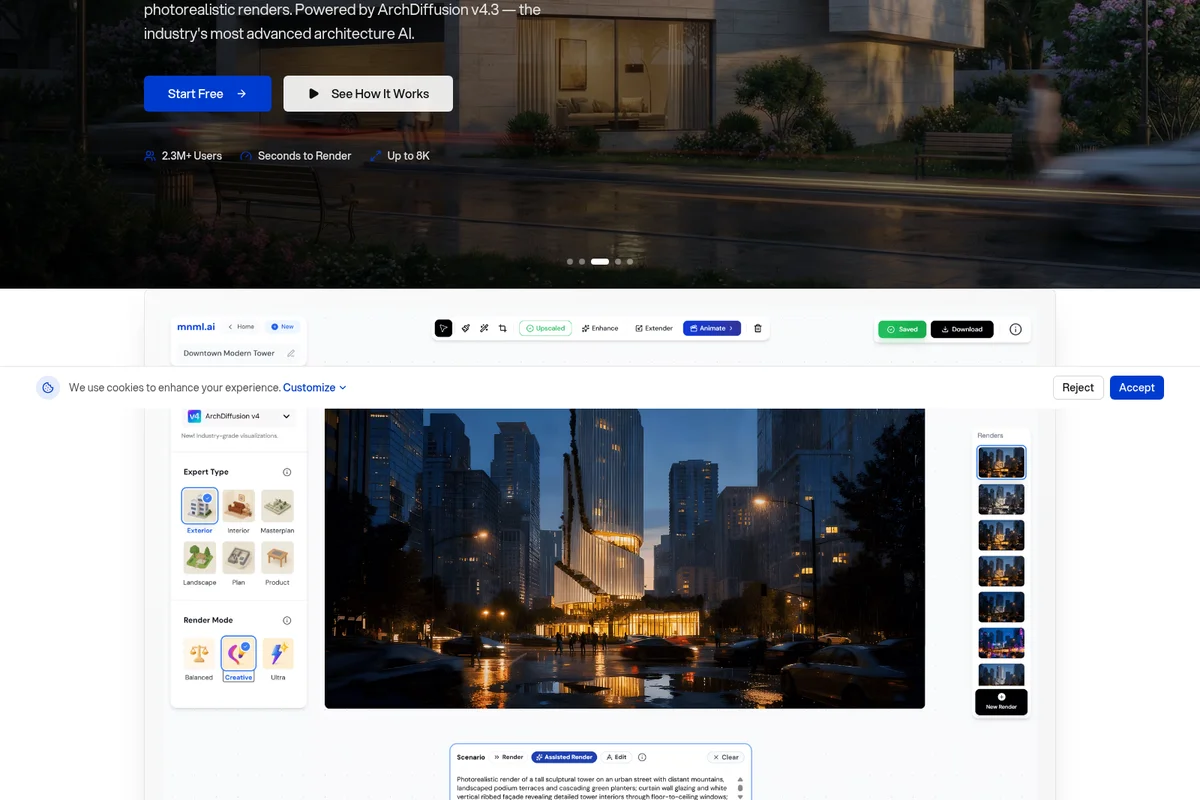 mnml.ai ArchDiffusion AI workspace showing a photorealistic render of a modern tower in a rainy cityscape with intuitive UI.