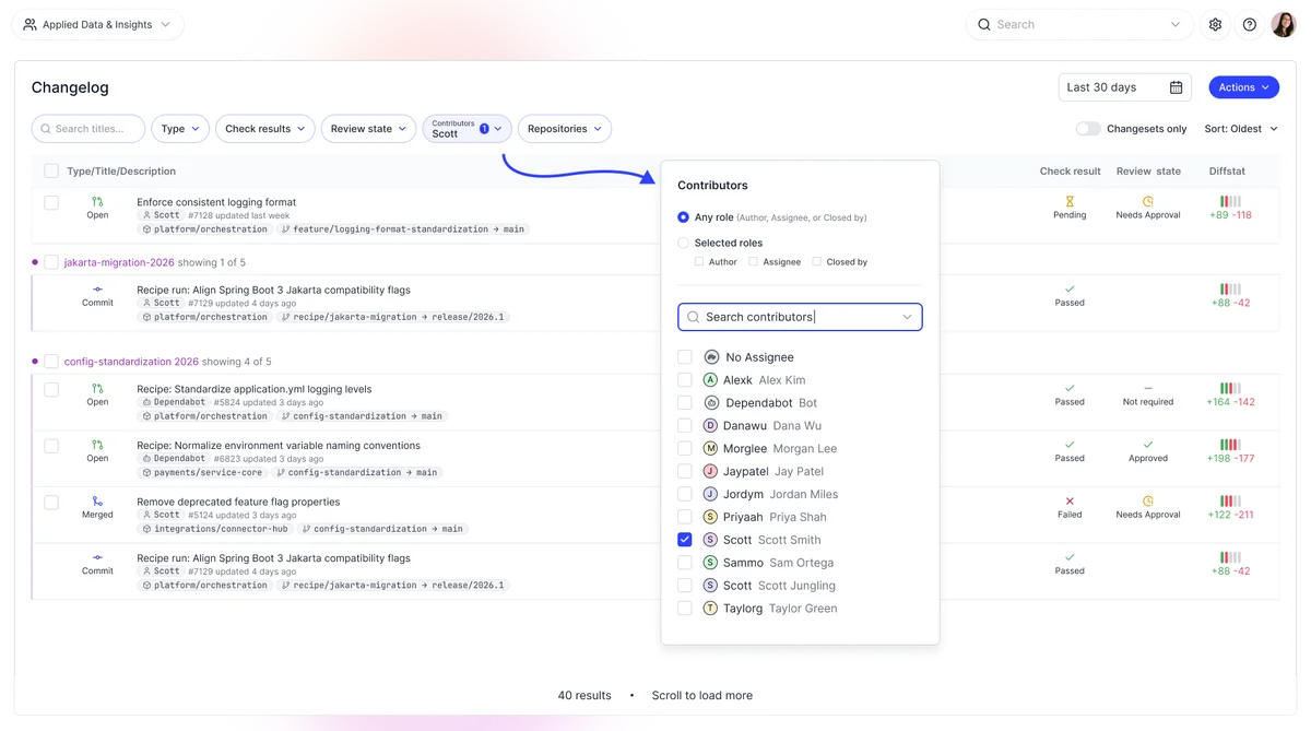 Moderne changelog workspace showing filtered code changes by contributor with a clean, light interface.