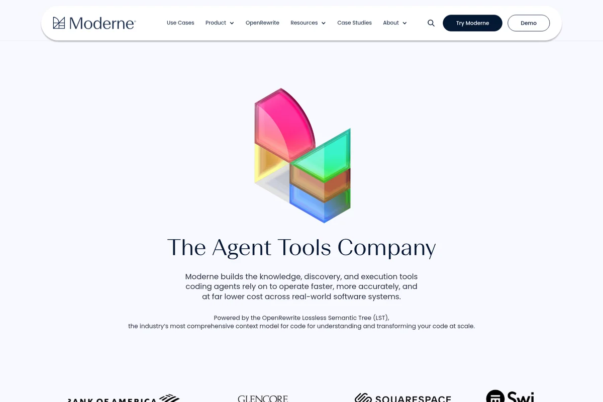 Moderne homepage hero section presenting its brand as 'The Agent Tools Company' with a colorful geometric logo and a clean, modern design.