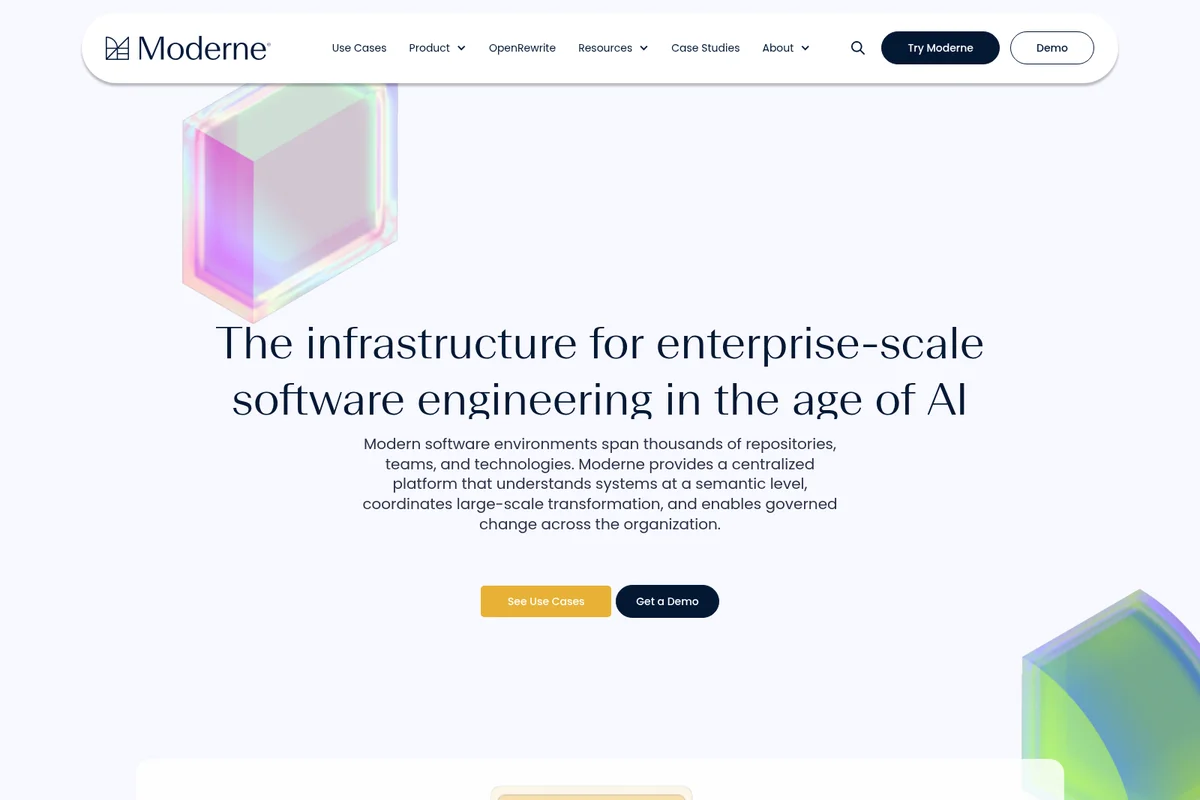 Moderne landing page hero showing its value proposition for enterprise software engineering in the age of AI, with modern abstract 3D graphics.