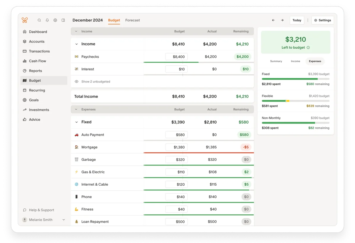 Monarch Money budget workspace showing income and expenses with actuals and remaining amounts in a clean, modern interface.