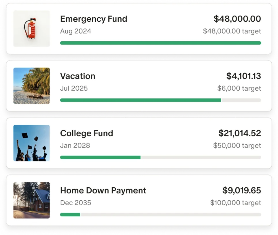 Monarch Money workspace showing a list of financial savings goals with progress bars in a clean, modern interface