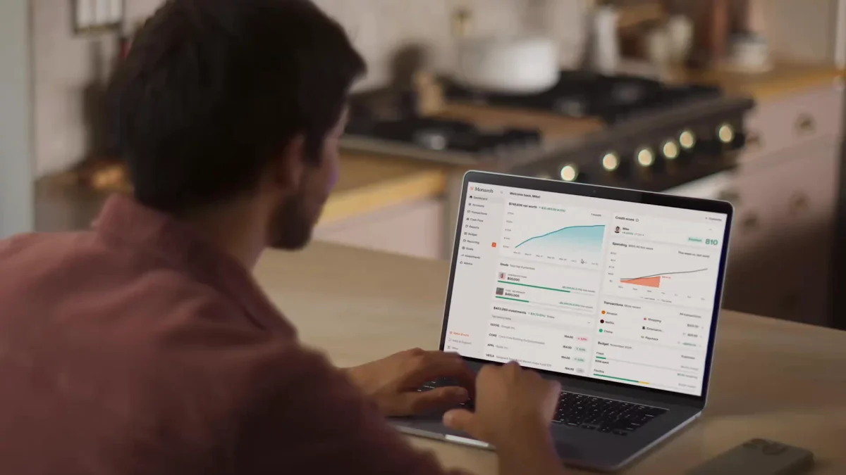 Monarch Money dashboard UI showing a financial overview with net worth, spending trends, and budget goals in a clean interface.