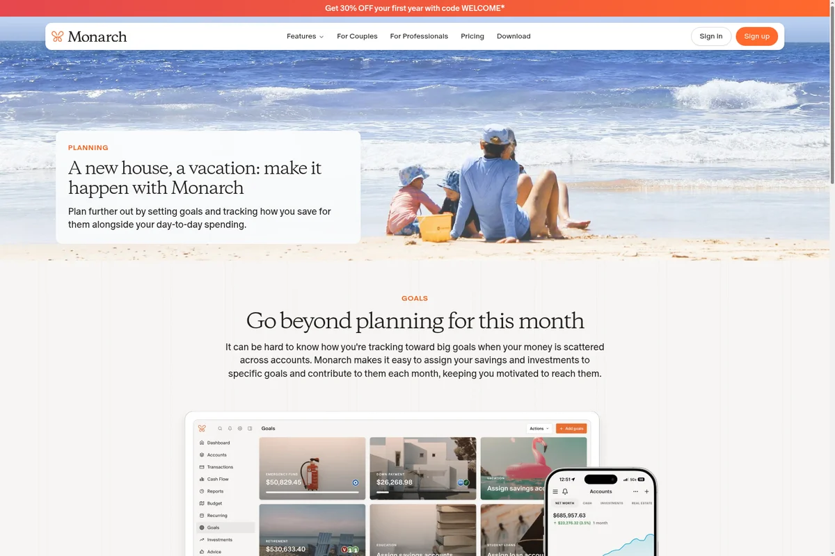 Monarch Money financial planning page showing the Goals dashboard and a family on a beach.