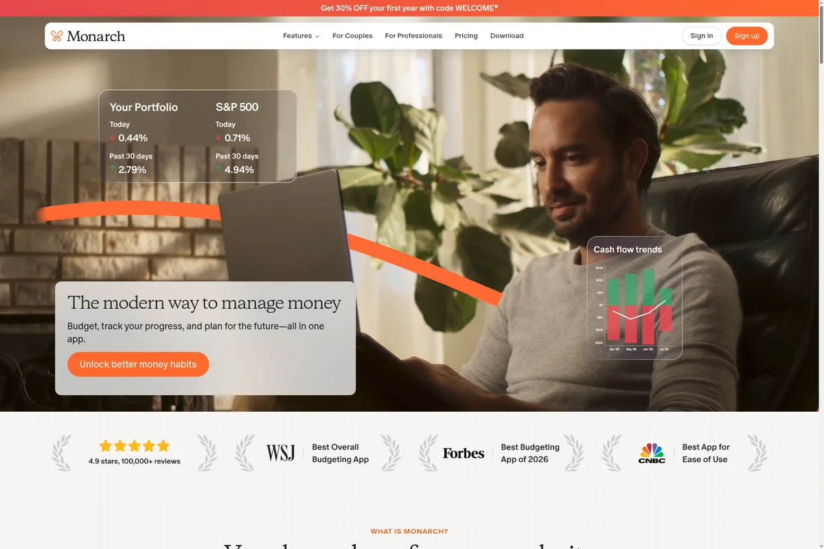 Monarch Money homepage hero showcasing financial management features with portfolio tracking and cash flow trends in a modern, glassmorphic UI.