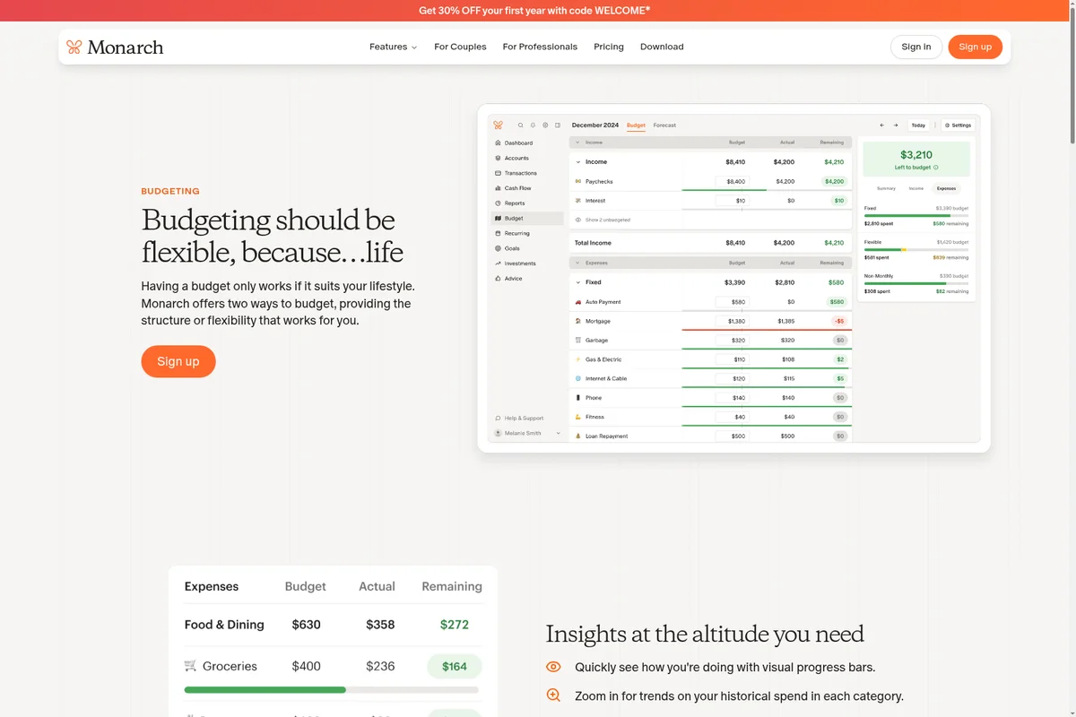 Monarch Money budgeting workspace showing income and expense tracking with a clean, modern interface.