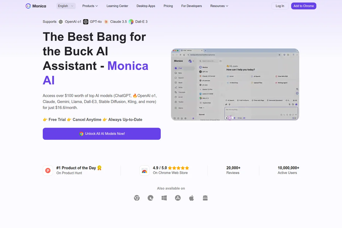 Monica AI landing page showcasing its AI assistant chat interface and key features with a clean, modern design.