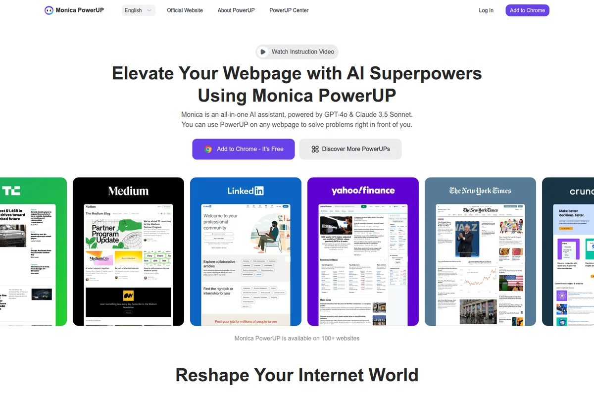 Monica PowerUP landing page showcasing AI integration with popular websites like LinkedIn and The New York Times, featuring a modern clean interface.