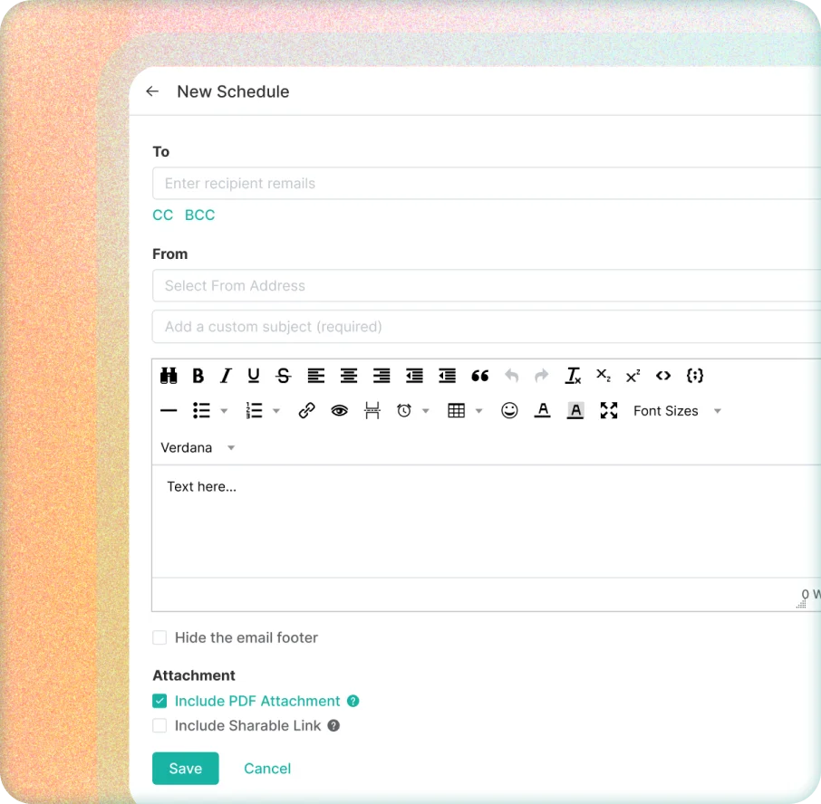mspbots email composer showing a new schedule being created with a rich text editor and attachment options in a clean light-theme interface.