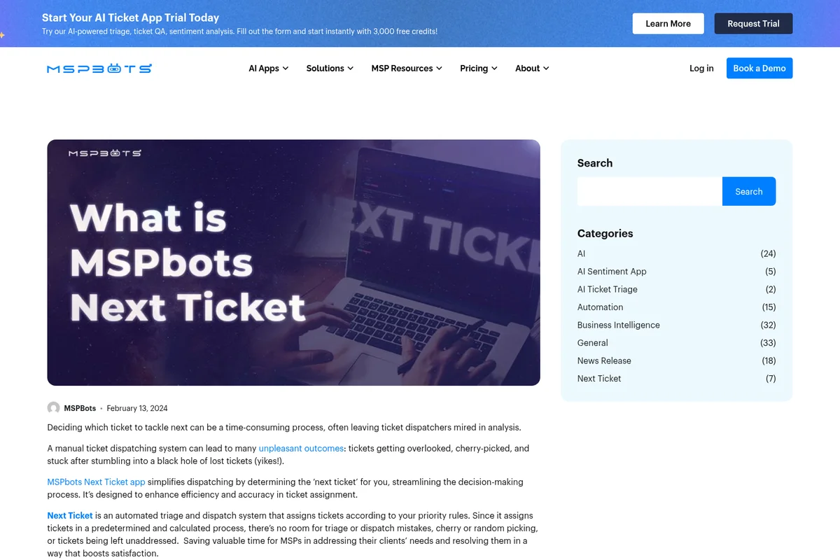 MSPbots Next Ticket product introduction featuring a laptop screen displaying 'NEXT TICKET' and hands typing, set against a dark, modern background.