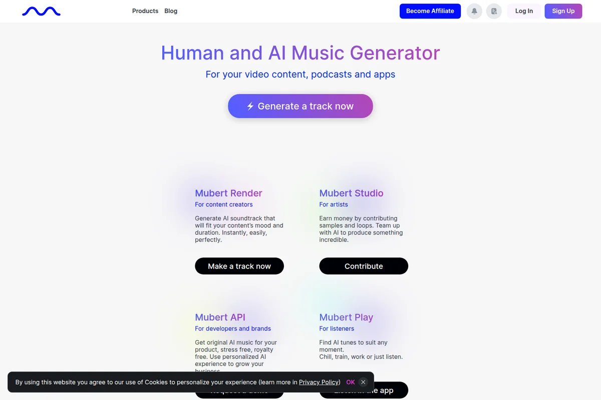 Mubert homepage showcasing an AI music generator with a clean, modern design and calls to action.