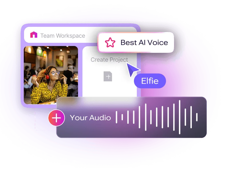 Murf AI workspace UI showing a user creating a project, selecting 'Best AI Voice' with 'Elfie', and adding 'Your Audio' in a modern, vibrant interface.